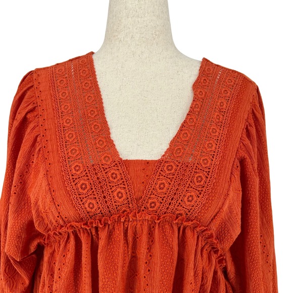 Cato Tops - Cato Orange Eyelet Peasant Blouse Long Sleeve V Neck Boho Top XL